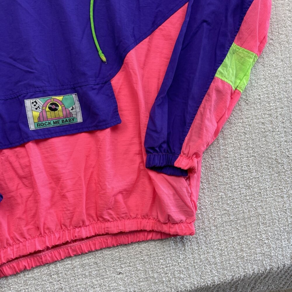 VTG "Rock me Baby" Patch Windbreaker Jacket Sz L Colorblock 90 Neon Bright Retro - Picture 5 of 16